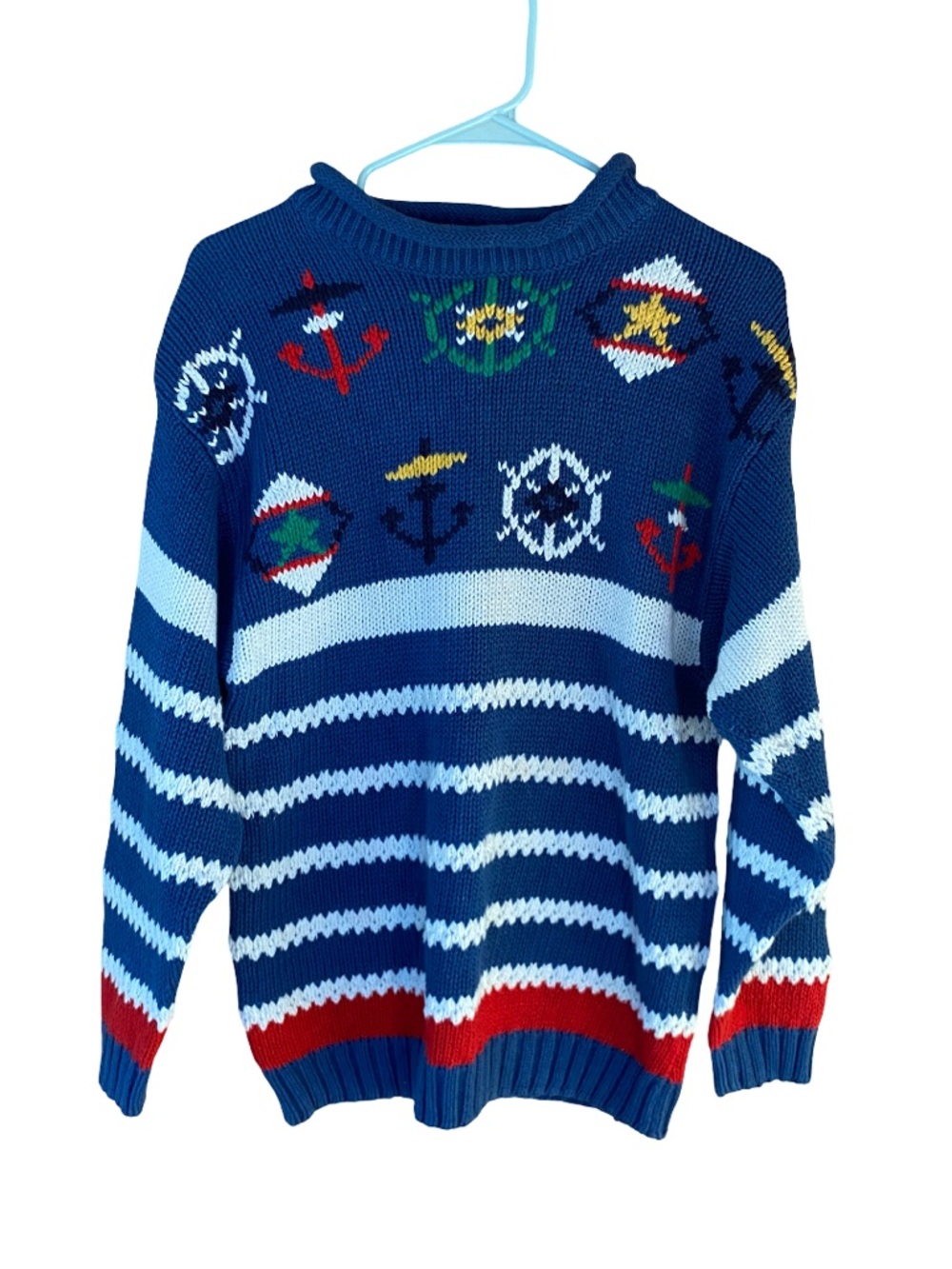 Vintage Gina Peters nautical anchor coastal boating linen cotton sweater size S